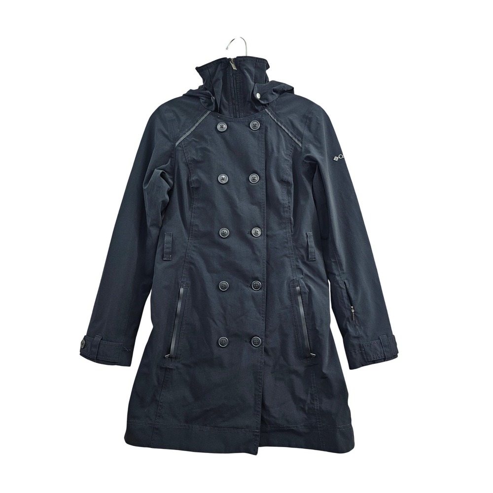 Columbia Omni-Heat Trench Coat Womens XS Black Double Breasted Hooded Softshell